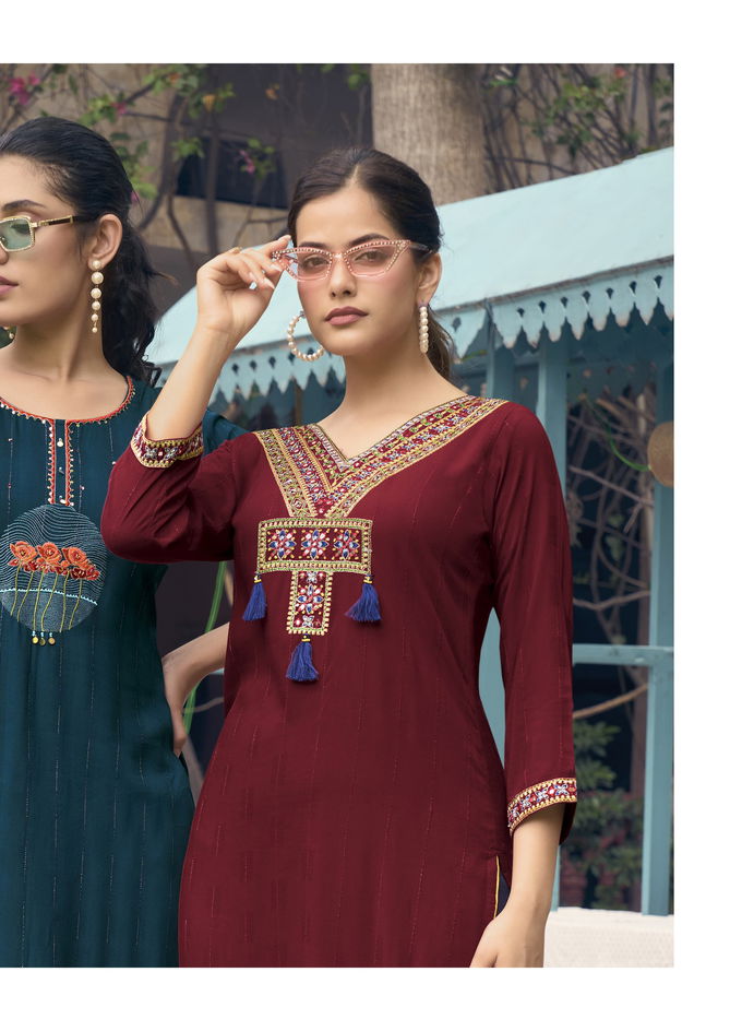 Charvee By Karissa Weaving Rayon Designer Kurtis Wholesalers In Delhi